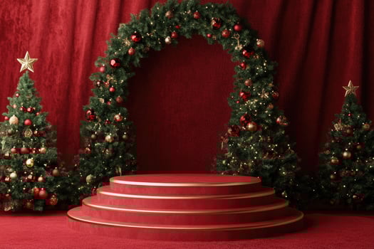 Red Christmas Stage with Festive Decorations and Lights photo