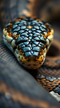 A close up of a snake's head with its eyes open photo