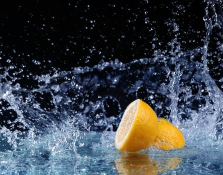 Sliced lemon in the water on black background photo