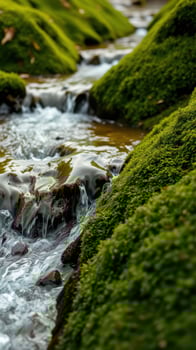 A stream of water flowing through a moss covered area photo