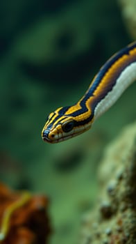 A striped snake with a yellow, black and white stripe photo