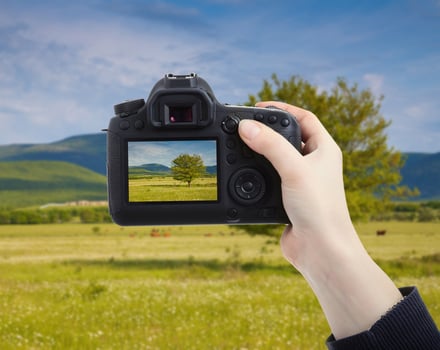Female hand holding DSLR camera isolated on white photo