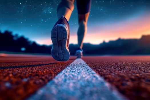 Sports man running on track while raining photo