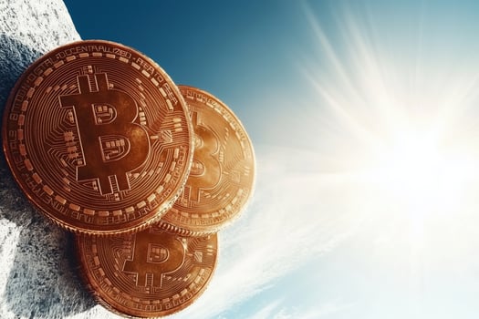 A group of Bitcoin coins resting on a rock overlooking a vast landscape, symbolizing the rise and impact of cryptocurrency. photo