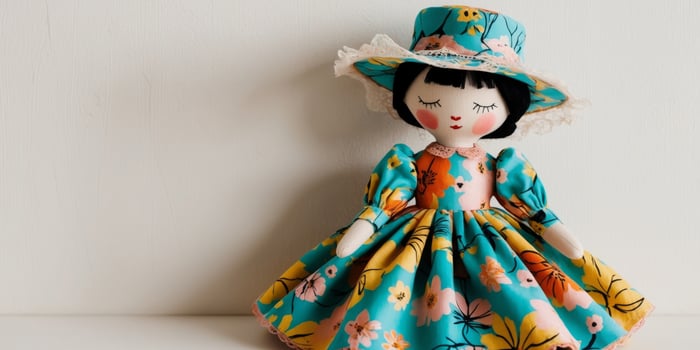 Beautiful handmade doll wearing a colorful dress and hat posing. photo
