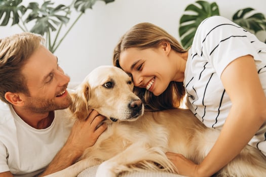 Portrait of smiling young couple, attractive man and woman hugging golden retriever photo