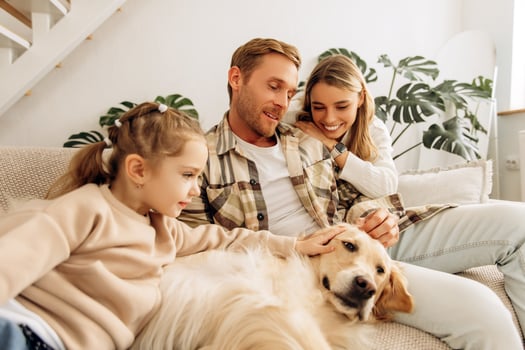 Portrait of beautiful, smiling couple, attractive man woman and little girl petting golden retriever photo