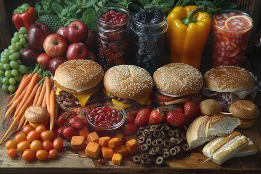 A Spread of Burgers, Fruits, Vegetables, and Other Snacks photo