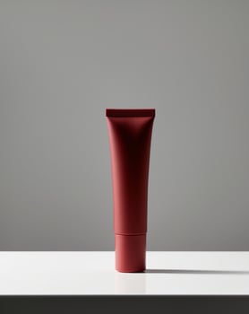 a matte red cosmetic tube standing on a blank black background. photo