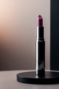 Elegant pink lipstick on modern black pedestal with soft lighting. photo