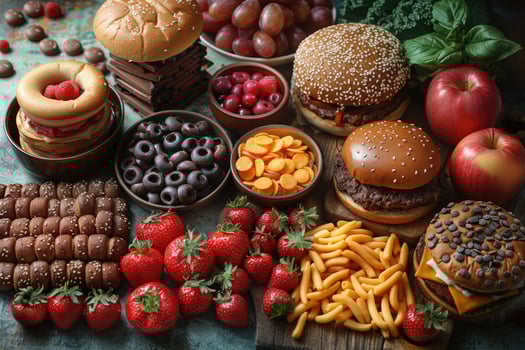 A Variety of Foods Including Burgers, Strawberries, Apples, and Breadsticks photo