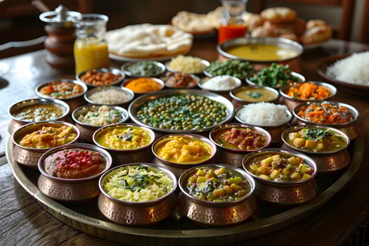 Vibrant Indian Thali with Diverse Dishes on Rustic Wooden Table photo