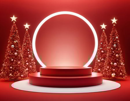Christmas 3d scene with red podium platform photo
