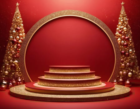 Christmas 3d scene with red podium platform photo