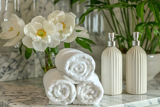 Luxury Spa Bathroom Decor with Fresh Flowers and Elegant Accessories for Relaxation and Serenity photo