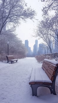 Snow covered park benches in a tranquil winter city. Bare trees, modern skyscrapers. Vertical image photo