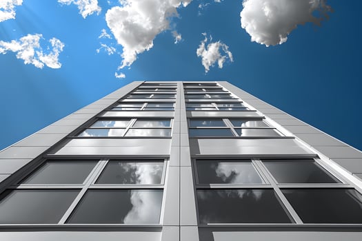 Modern High-Rise Building with Reflective Glass Windows Against Blue Sky photo