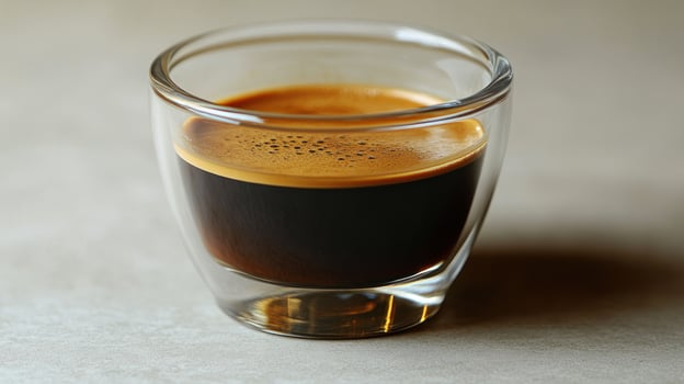 A delightful shot of espresso presents a perfect cream layer, inviting coffee lovers to indulge photo
