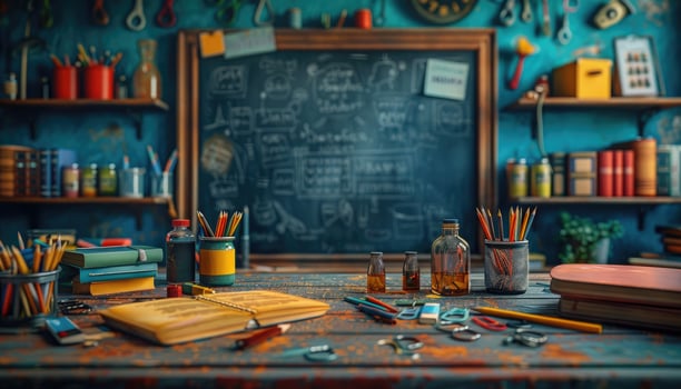 A Vintage Desk with School Supplies and Books photo
