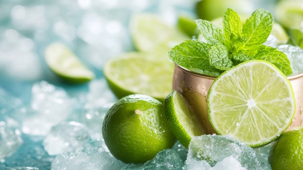 Freshly cut limes with ice and mint garnish ready for a refreshing beverage experience photo