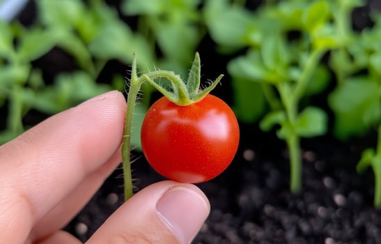 Freshly harvested ripe tomato being held in a hand during garden planting season photo