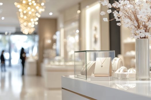 Luxurious shopping experience in a modern jewelry store with sleek displays and bright lighting photo