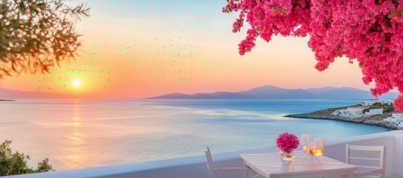 Romantic outdoor dining experience by the sea at sunset with blooming flowers photo