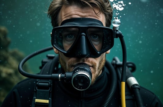 Diver man in mask swim under water of sea, active vacation on ocean photo