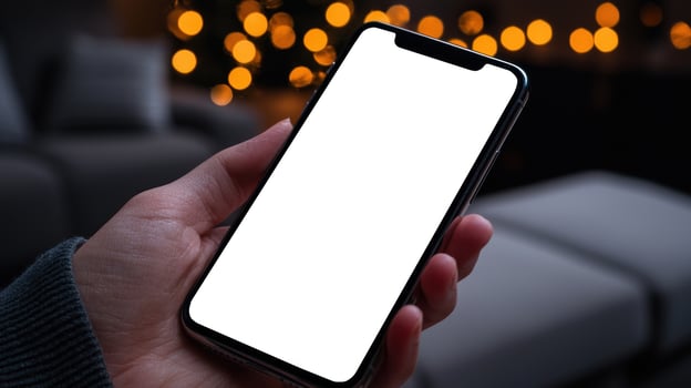 A hand holding a smartphone with a blank screen in a cozy, illuminated setting. photo