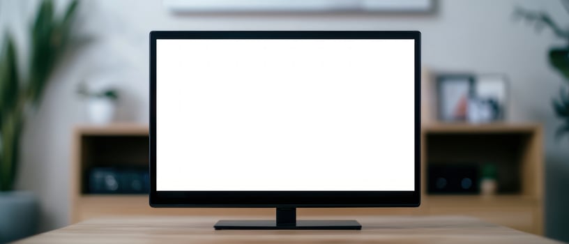 A modern computer monitor displaying a blank screen on a stylish wooden desk. photo