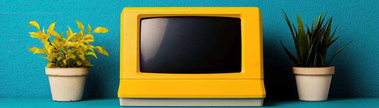 Vintage yellow computer with plants, showcasing a retro aesthetic in modern interior design. photo