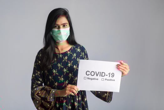 A young woman in a medical mask holding a board of the epidemic of Coronavirus, Covid-19 photo
