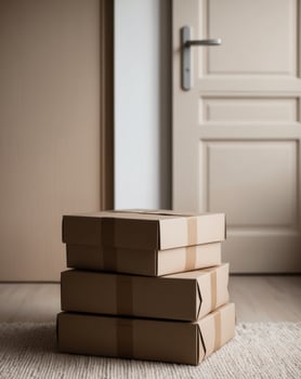 A stack of brown cardboard boxes sitting on a rug photo