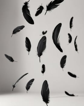 floating black feathers create serene and elegant atmosphere in this image. photo