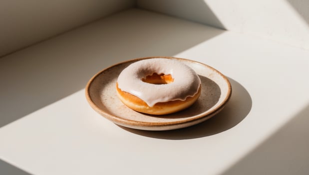 Donut with sugar icing placed on a wooden plate. photo