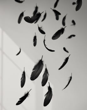 floating black feathers create serene and elegant atmosphere in this image. photo