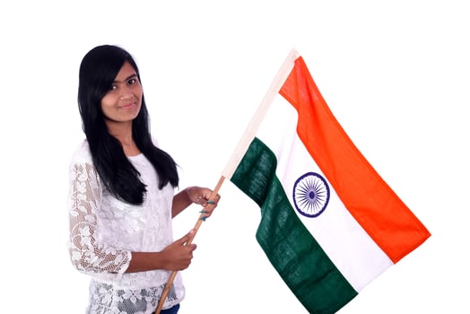 Girl with Indian flag or tricolour on white background, Indian Independence day, Indian Republic day photo