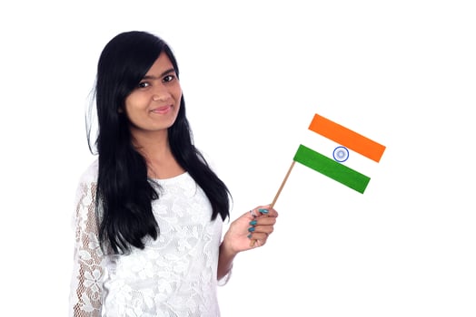 Girl with Indian flag or tricolour on white background, Indian Independence day, Indian Republic day photo