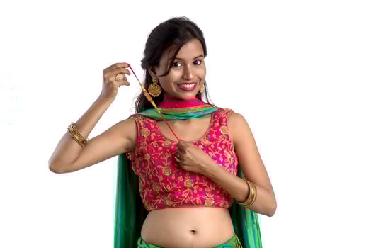 Beautiful girl showing Rakhi on occasion of Raksha bandhan on a white background. Sister tie Rakhi as symbol of intense love for her brother. photo