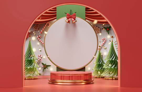 Red and green Merry Christmas event product display podium with decoration background 3d rendering photo
