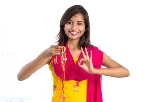 Beautiful Indian girl showing Rakhis on occasion of Raksha bandhan. Sister tie Rakhi as symbol of intense love for her brother. photo