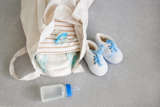A bag for mom with newborn's belongings on a gray sofa. photo