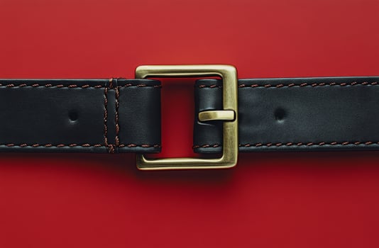 Black leather belt with a brass buckle resting against a vibrant red background photo