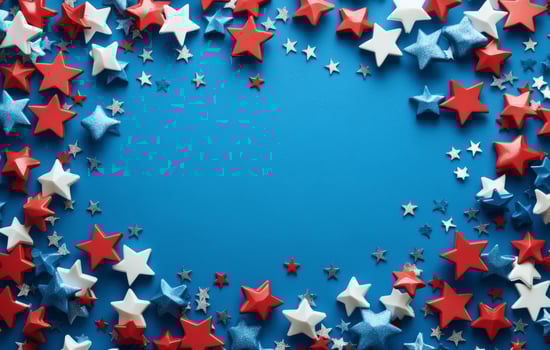 Colorful red, white, and blue star decorations arranged on a blue background for festive occasions photo