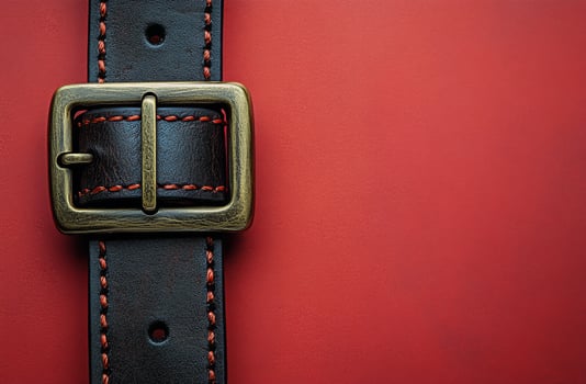 A close-up view of a black leather belt with a brass buckle on a red textured background photo