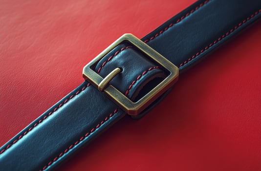 A close-up view of a black leather belt with a brass buckle on a red textured background photo