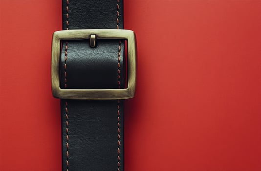 Black leather belt with a brass buckle resting against a vibrant red background photo