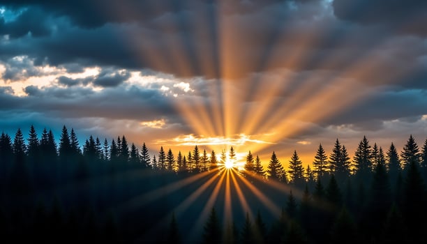 The sun is setting behind the trees, casting a warm glow over the forest photo