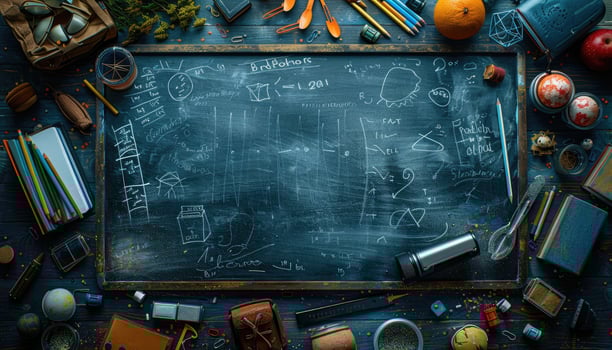 A Chalkboard Surrounded by School Supplies and Other Objects photo