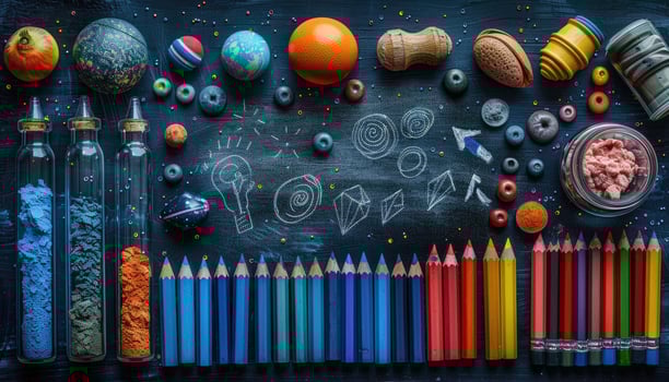 Still Life with Colored Pencils, Planets, and Chalk Drawings on a Dark Blue Surface photo